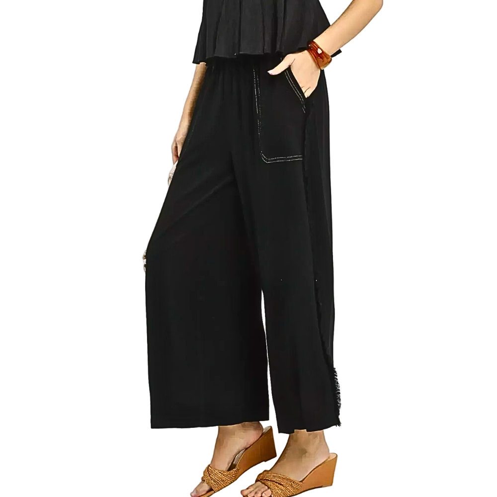Umgee Wide Leg Crp Pants Linen Cotton Frayed Raw Side Black Casual Loose Trousers