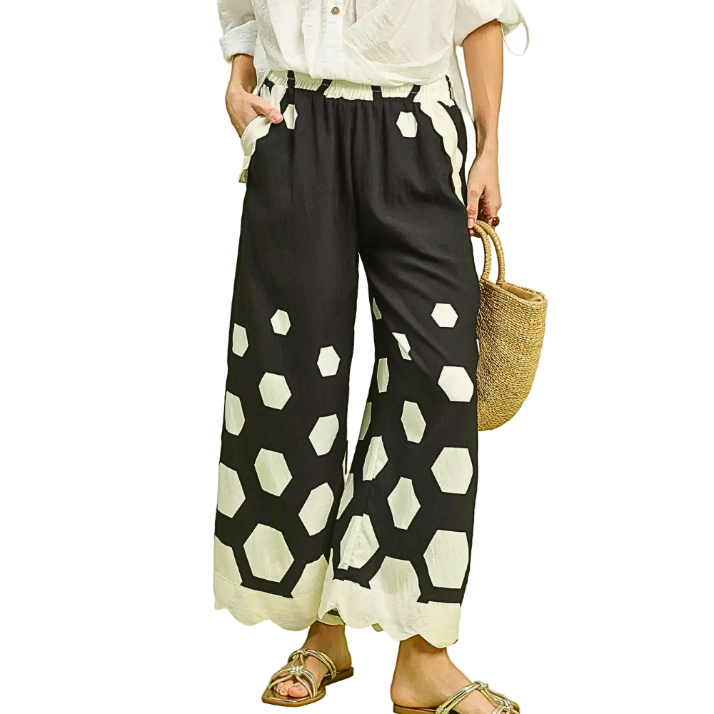 Umgee Wide Leg Pants Black Hexagon Print Elastic Waist with Scallop Hem Trousers