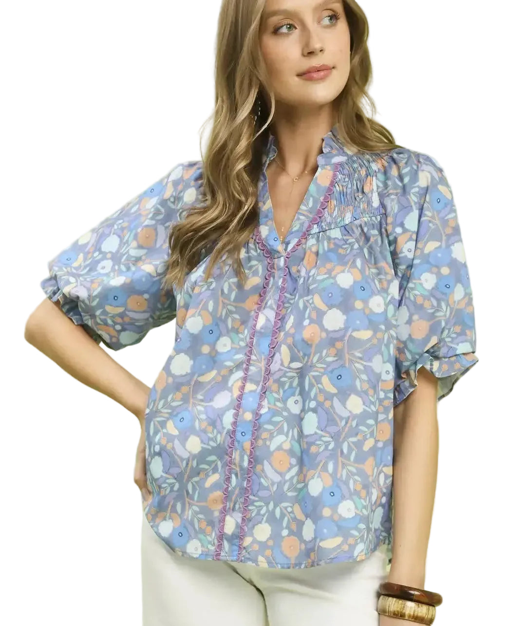 Umgee Women Blouse Blue Floral Ruffle Trim Top Smocked Short Sleeve V-Neck Top - Styleinger