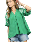 Umgee Women Blouse Green Embroidered Balloon Short Sleeve Notch Neck Top - Styleinger
