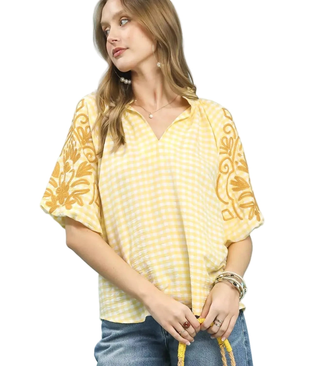 Umgee Women Casual Blouse Lemon Gingham Embroidered Balloon Short Sleeve Top - Styleinger