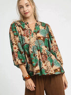 Umgee Women's Blouse Brown Floral Mix Peplum Ruffled with Tie Neck Top BROWN MIX Umgee_Women_s_Blouse_Brown_Floral_Mix_Peplum_Ruffled_with_Tie_Neck_Top Trendsi