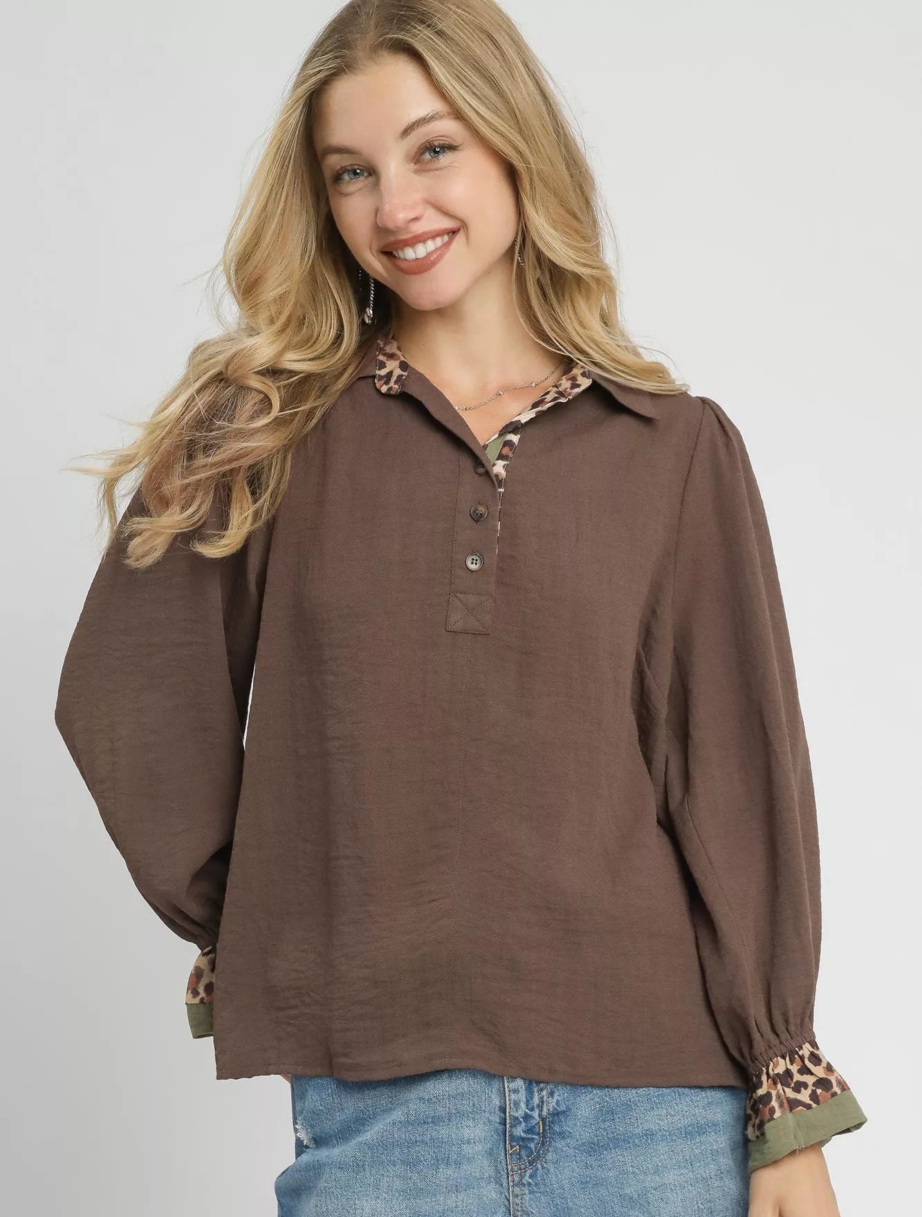 Umgee Women's Blouse Chocolate Brown Half Button Top with Leopard Print Trim CHOCOLATE Umgee_Women_s_Blouse_Chocolate_Brown_Half_Button_Top_with_Leopard_Print_Trim Trendsi