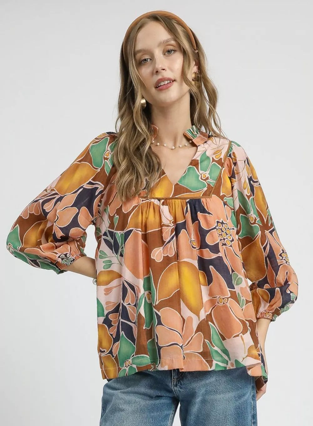 Umgee Women's Blouse Floral Navy Mix Multicolor Abstract Print Ruffle Neck Top NAVY MIX Umgee_Women_s_Blouse_Floral_Navy_Mix_Multicolor_Abstract_Print_Ruffle_Neck_Top Trendsi