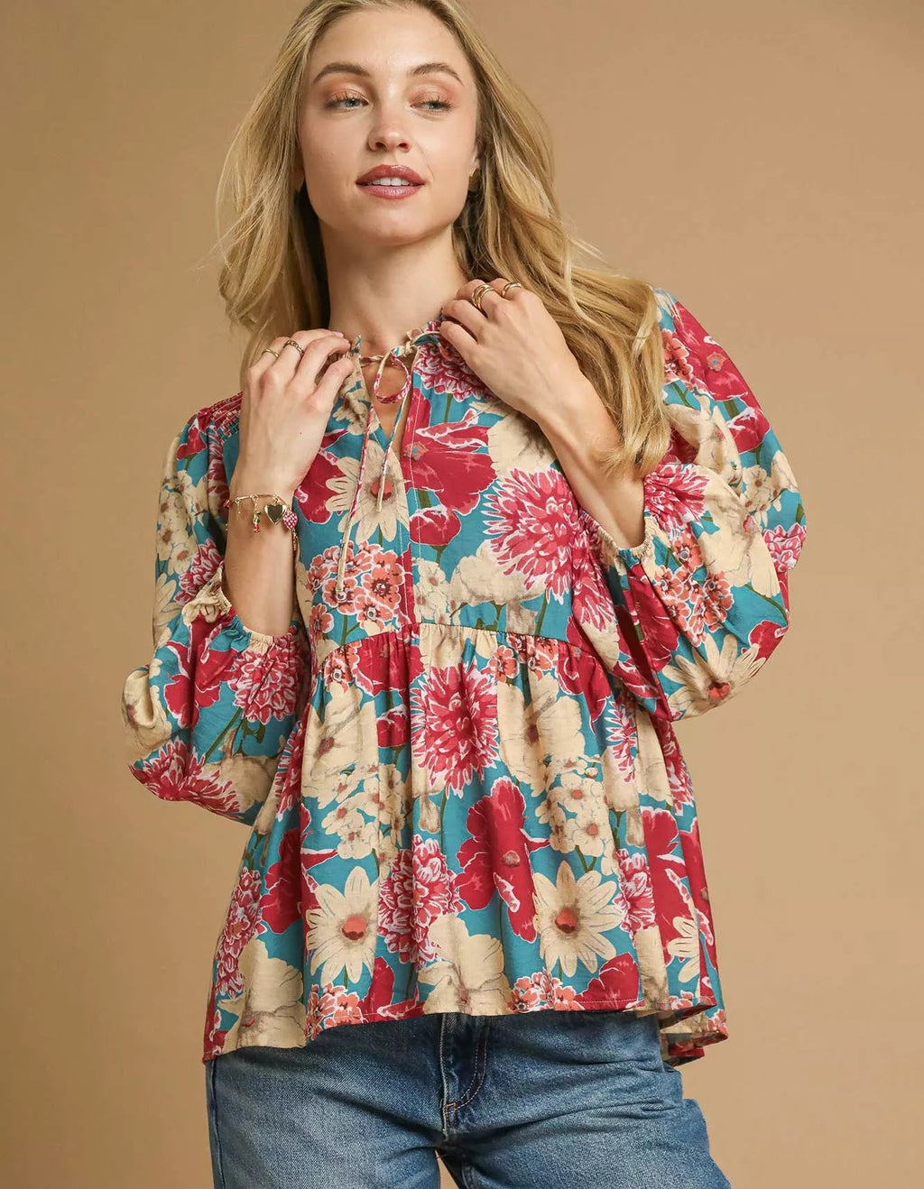 Umgee Women's Blouse Lagoon Mix Floral Peplum with Tie Neck Top LAGOON MIX Umgee_Women_s_Blouse_Lagoon_Mix_Floral_Peplum_with_Tie_Neck_Top Trendsi