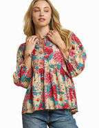 Umgee Women's Blouse Lagoon Mix Floral Peplum with Tie Neck Top LAGOON MIX Umgee_Women_s_Blouse_Lagoon_Mix_Floral_Peplum_with_Tie_Neck_Top Trendsi