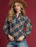 Umgee Women's Blouse Navy Floral Mix Abstract Print Ruffle Neck Top NAVY MIX Umgee_Women_s_Blouse_Navy_Floral_Mix_Abstract_Print_Ruffle_Neck_Top Trendsi