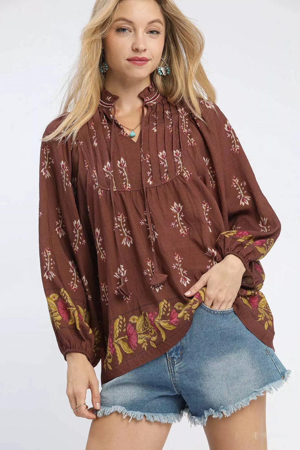 Umgee Women's Blouse Rosewood Floral Boho Peasant Ruffle Tied Top ROSEWOOD Umgee_Women_s_Blouse_Rosewood_Floral_Boho_Peasant_Ruffle_Tied_Top Trendsi