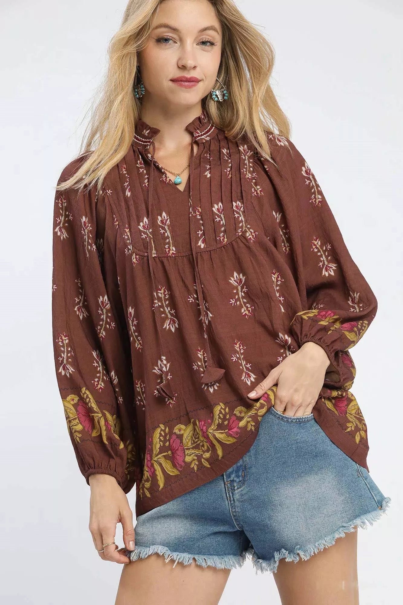 Umgee Women's Blouse Rosewood Floral Boho Peasant Ruffle Tied Top ROSEWOOD