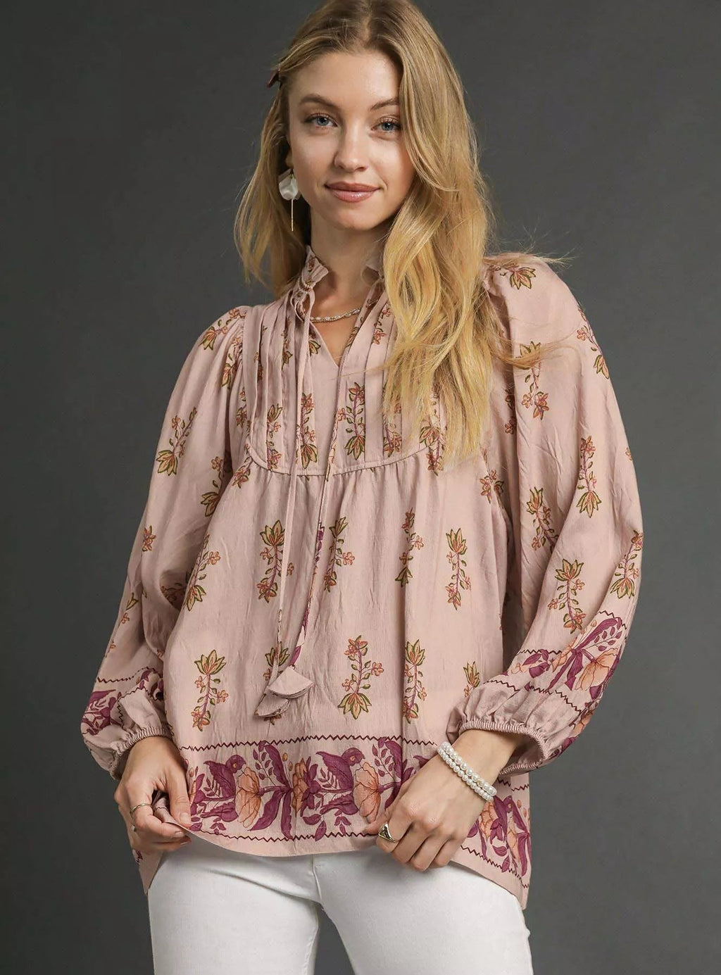 Umgee Women's Blouse Stone Brown Floral Boho Peasant Ruffle Tied Top STONE Umgee_Women_s_Blouse_Stone_Brown_Floral_Boho_Peasant_Ruffle_Tied_Top Trendsi