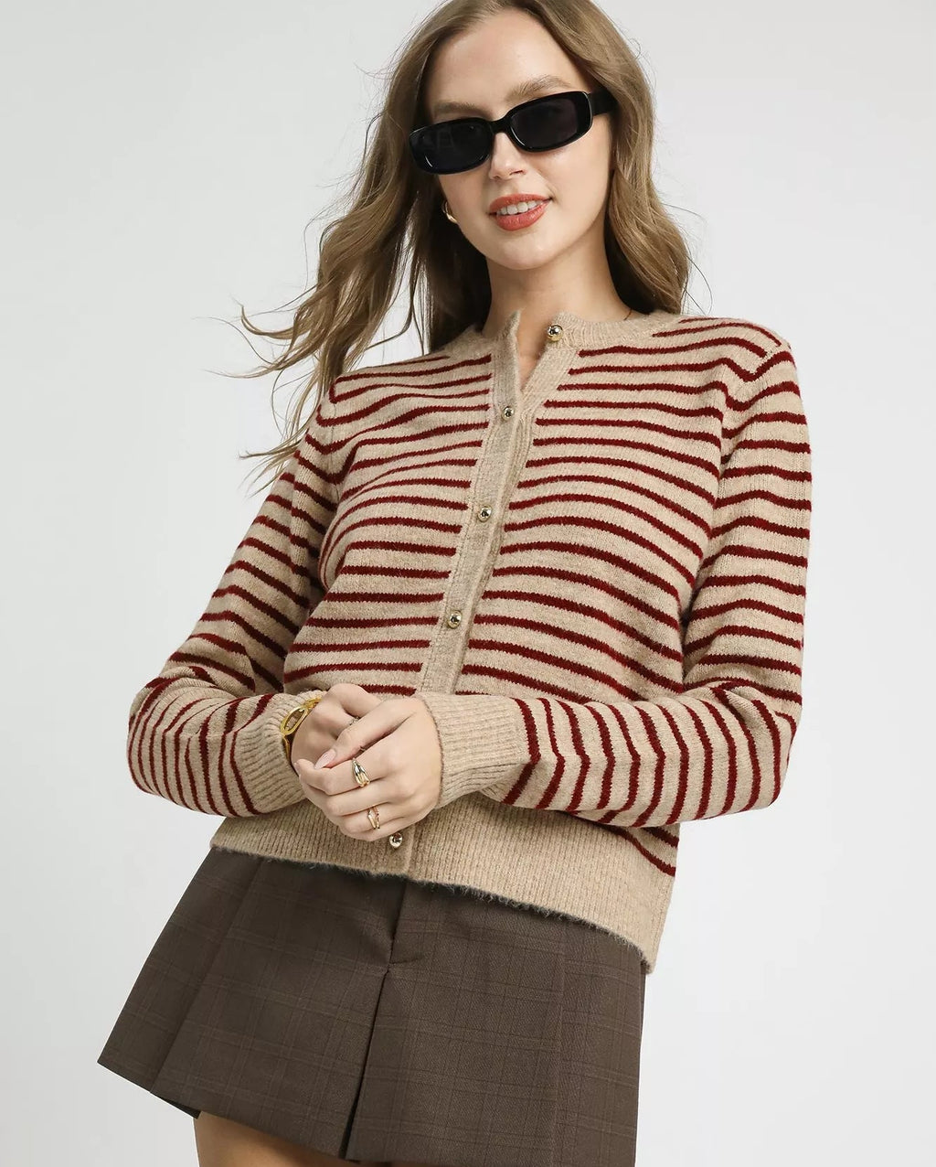 Umgee Women's Cardigan Tan Red Striped Button-Up Knit Sweater TAN RED Umgee_Women_s_Cardigan_Tan_Red_Striped_Button-Up_Knit_Sweater Trendsi