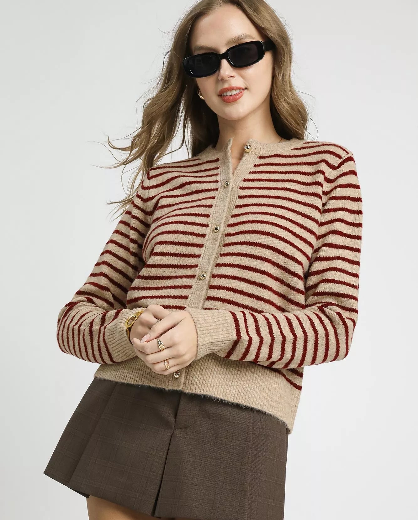 Umgee Women's Cardigan Tan Red Striped Button-Up Knit Sweater TAN RED Umgee_Women_s_Cardigan_Tan_Red_Striped_Button-Up_Knit_Sweater Trendsi