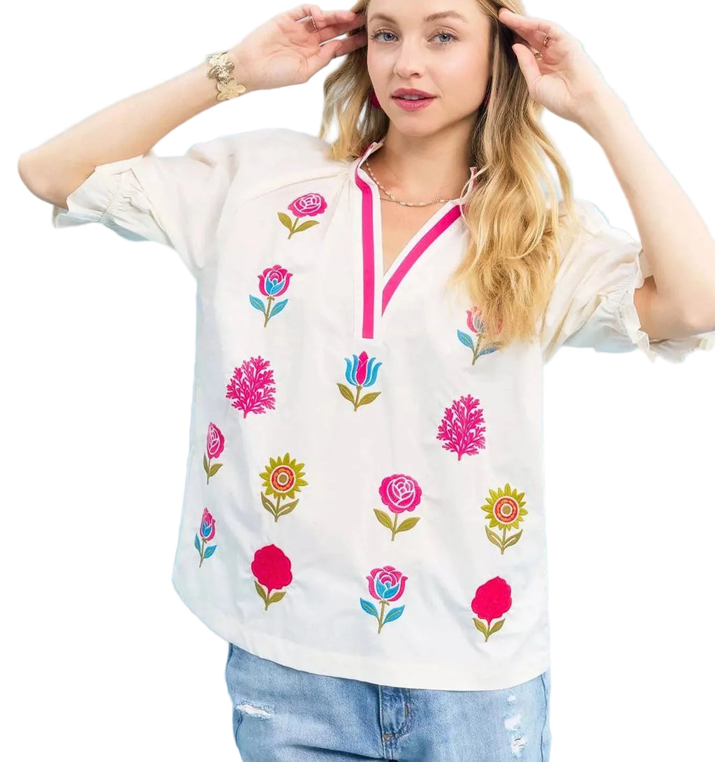 Umgee Women’s Casual Embroidered Blouse Floral Ecru Top with Contrast Trim - Styleinger