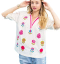 Umgee Women’s Casual Embroidered Blouse Floral Ecru Top with Contrast Trim - Styleinger