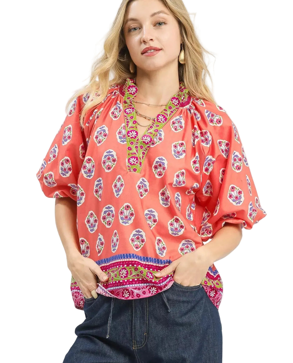 Umgee Women’s Casual Floral Blouse Tunic Coral Boho Border Print Peasant Top - Styleinger