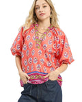 Umgee Women’s Casual Floral Blouse Tunic Coral Boho Border Print Peasant Top - Styleinger