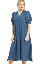 Umgee Women's Chambray Collared Puff Sleeve A-Line Midi Dress | Styleinger