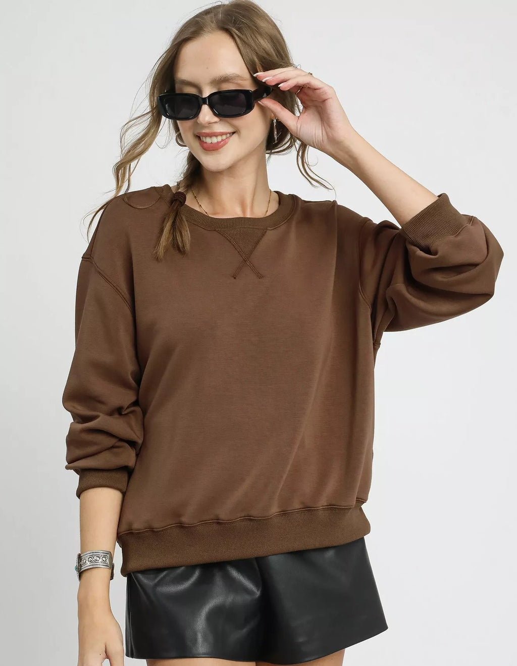 Umgee Women's Fleece Sweatshirt Mocha Brown Round Neck Long Sleeve Mocha Umgee_Women_s_Fleece_Sweatshirt_Mocha_Brown_Round_Neck_Long_Sleeve Trendsi