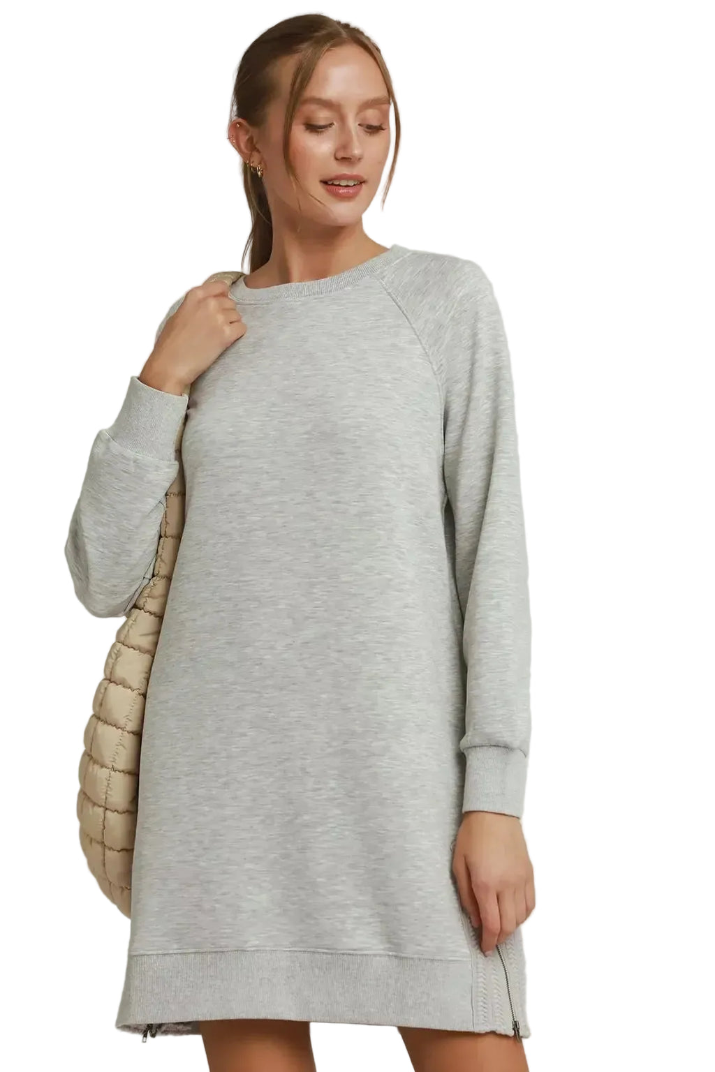 Umgee Women's Heather Grey Sweatshirt Mini Dress with Side Zipper Detail | Styleinger