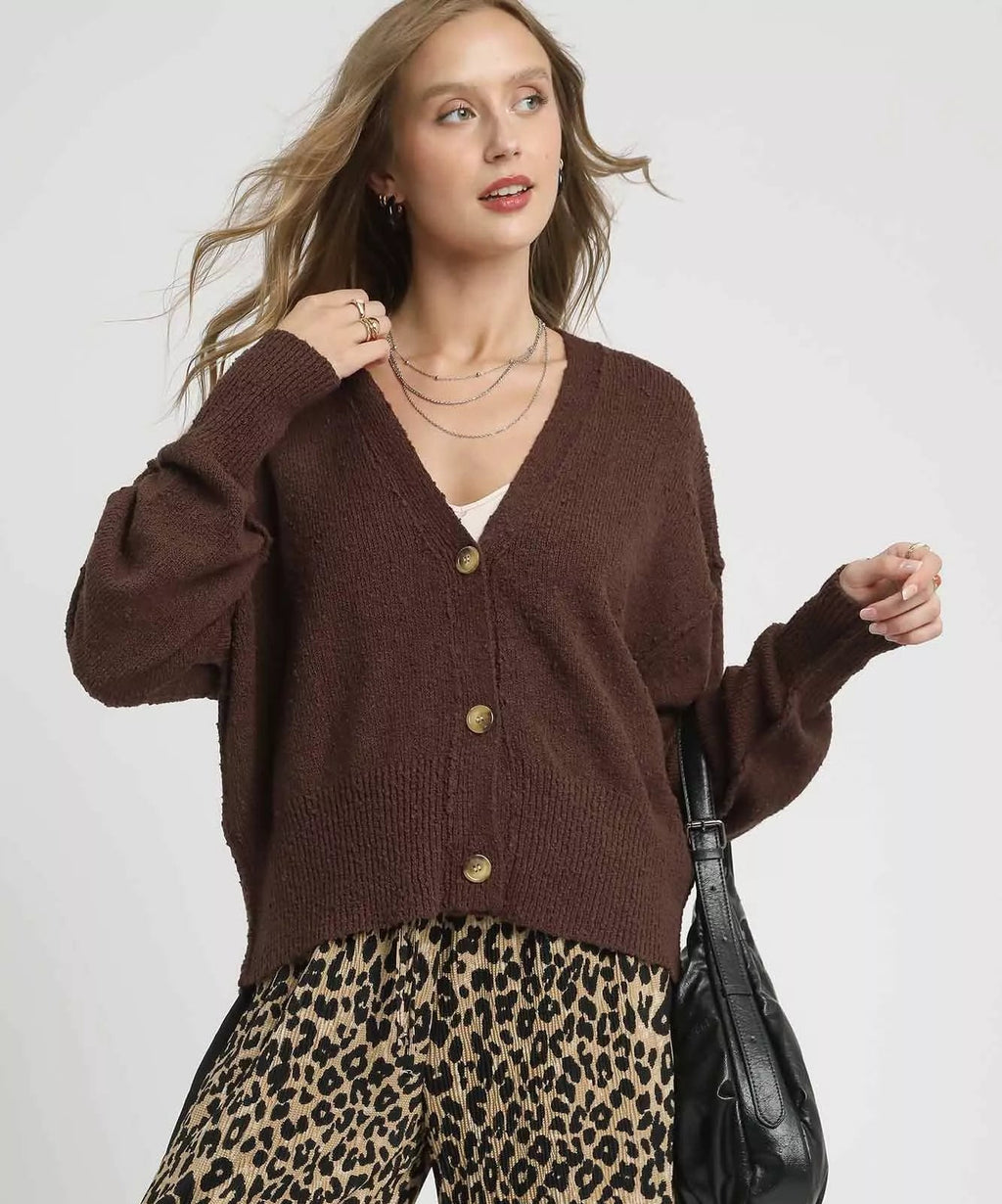 Umgee Women's Knit Cardigan Brown Button-Front V-Neck Solid Sweater Brown Umgee_Women_s_Knit_Cardigan_Brown_Button-Front_V-Neck_Solid_Sweater Trendsi