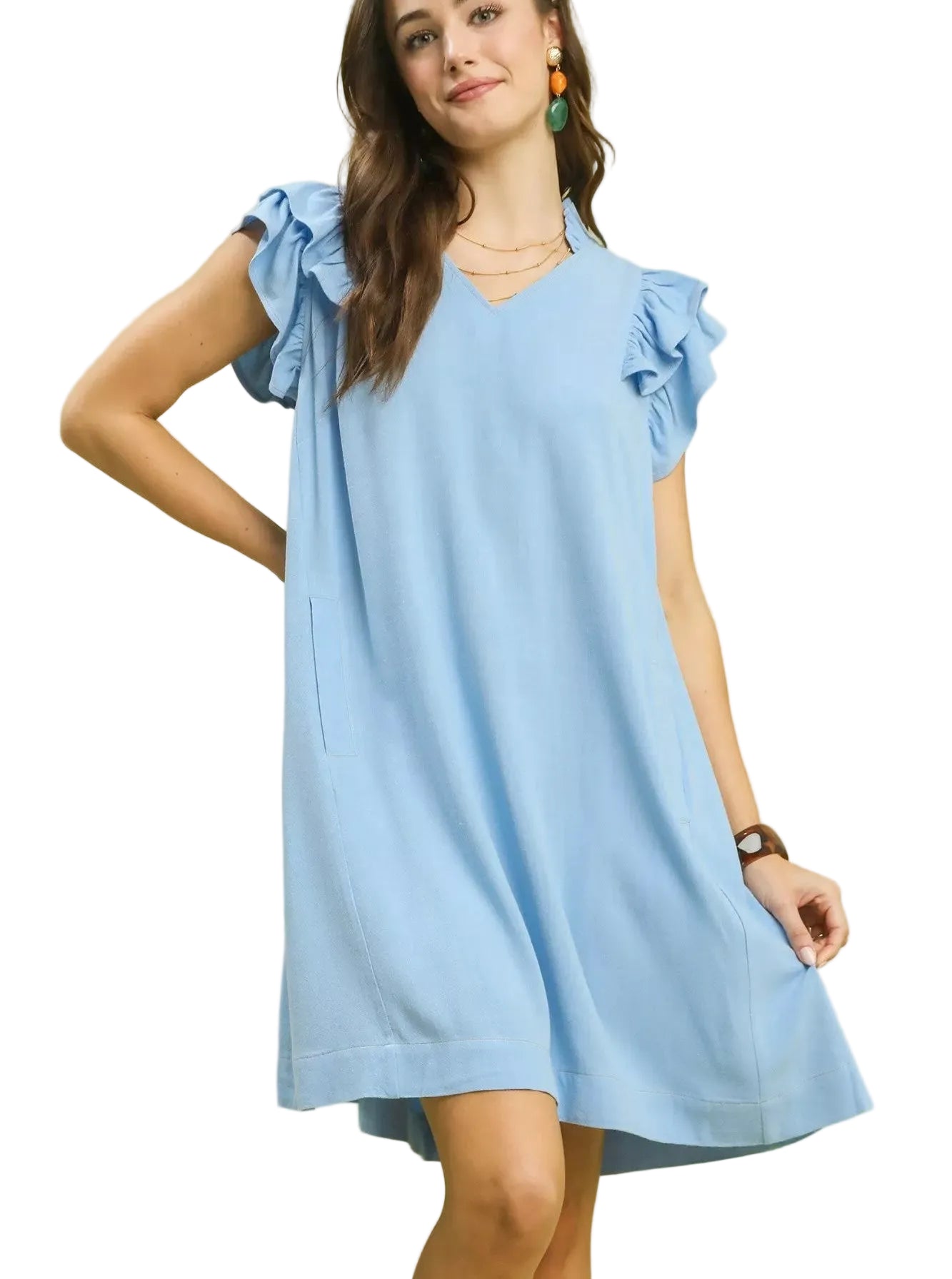 Umgee Women’s Linen Shift Dress Blue Flutter Sleeve with Pockets Casual Summer - STYLEINGER