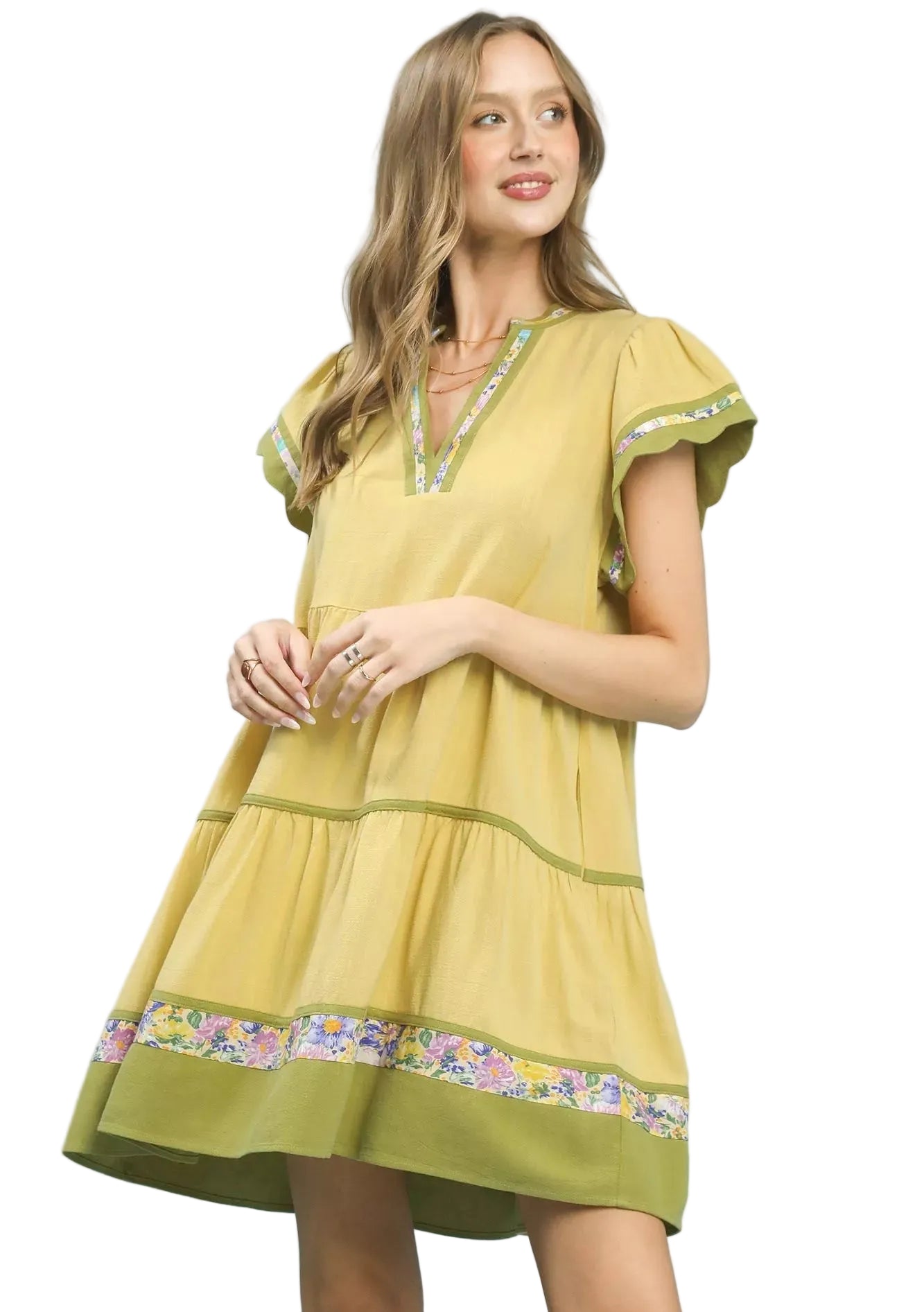Umgee Linen Tiered Flutter Sleeve Dress with Floral Trim
