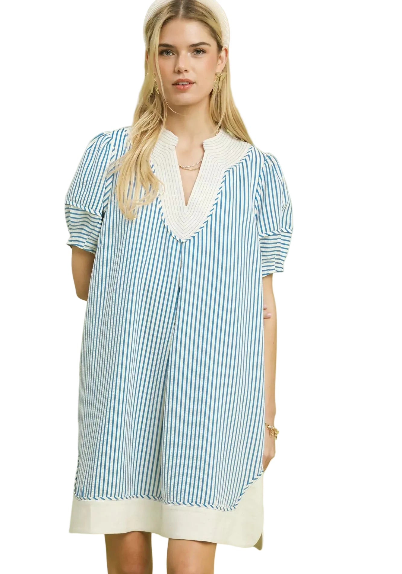 Umgee Pinstripe Shift Dress with Contrast Trim