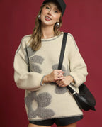 Umgee Floral Jacquard Sweater Cream Knit Applique Oversized Pullover Umgee_Women_s_Sweater Trendsi