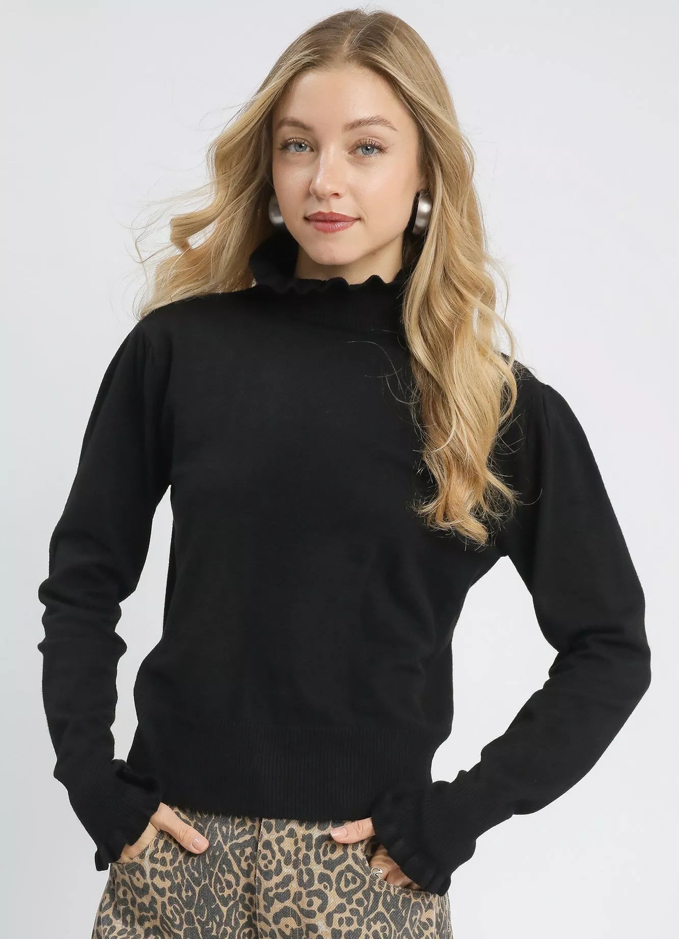 Umgee Women's Sweater Black Ruffle Mock Neck Puff Sleeve Knit Top Black