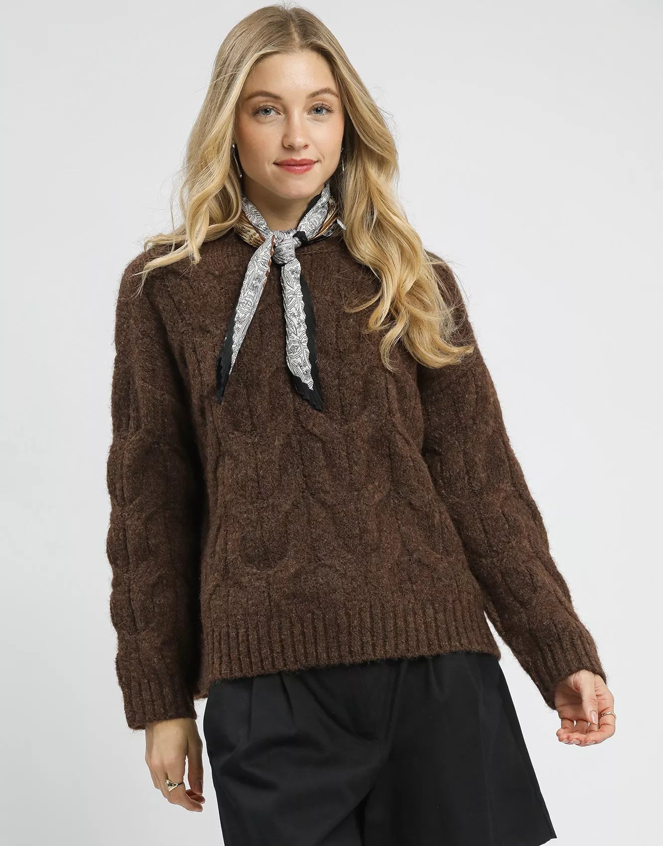 Umgee Women's Sweater Brown Cable Knit Cozy Pullover Brown
