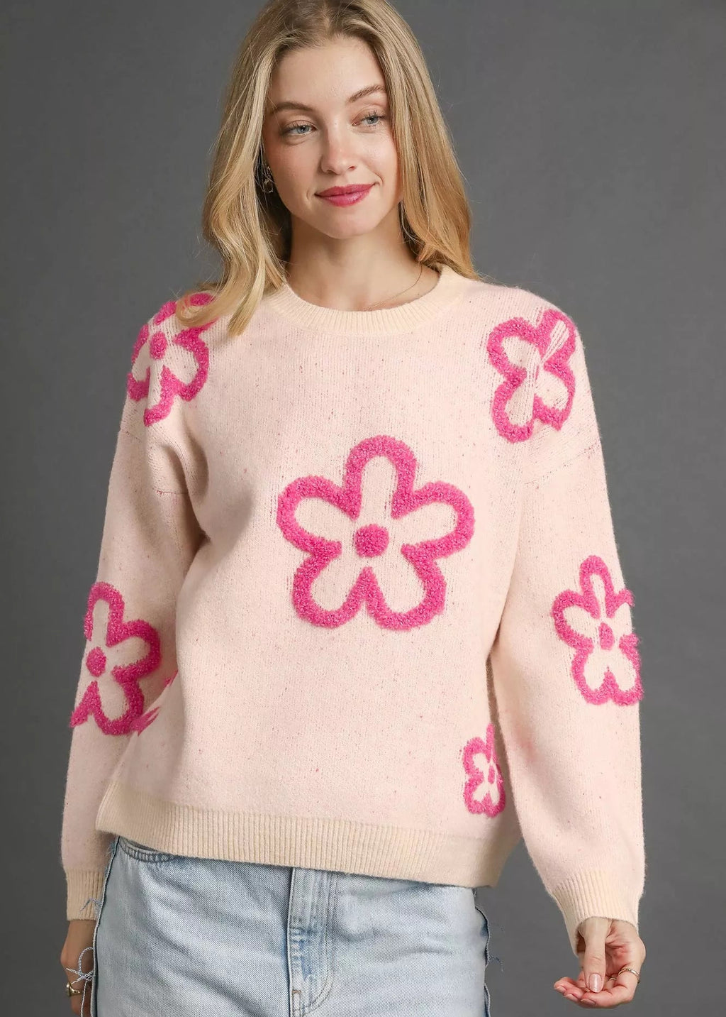 Umgee Women's Sweater Cream with Pink Floral Accents Round Neck Pullover Cream Umgee_Women_s_Sweater_Cream_with_Pink_Floral_Accents_Round_Neck_Pullover Trendsi