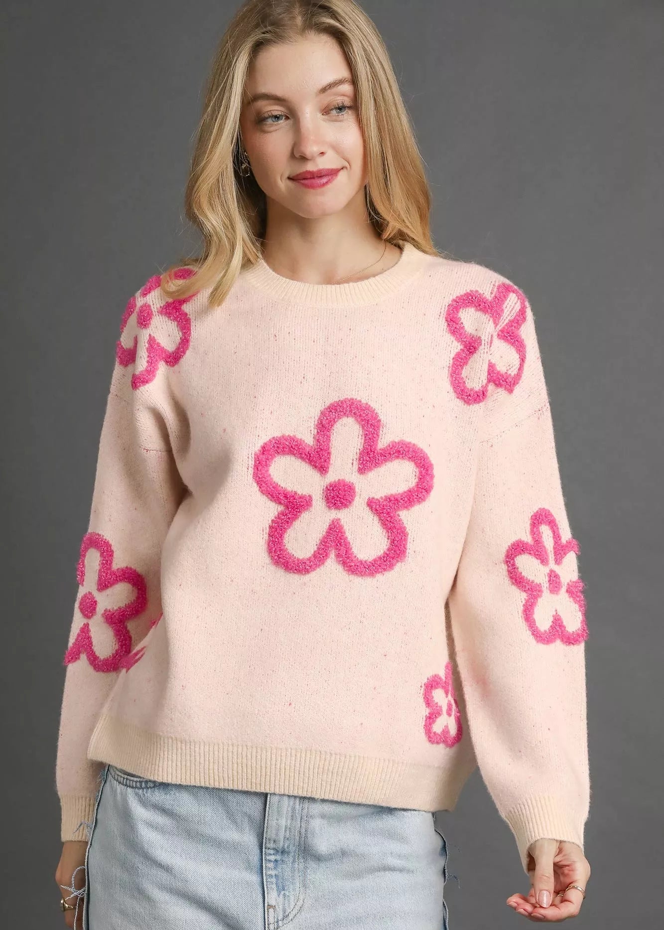 Umgee Women's Sweater Cream with Pink Floral Accents Round Neck Pullover Cream Umgee_Women_s_Sweater_Cream_with_Pink_Floral_Accents_Round_Neck_Pullover Trendsi