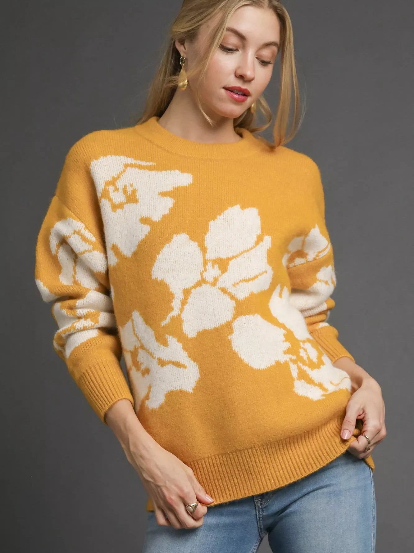 Umgee Women's Sweater Floral Mustard Long Sleeve Round Neck Pullover MUSTARD CREAM
