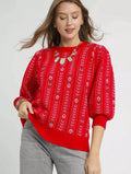 Umgee Women's Sweater Red Jacquard Knit Puff 3/4 Sleeve Pullover Red Umgee_Women_s_Sweater_Red_Jacquard_Knit_Puff_3_4_Sleeve_Pullover Trendsi