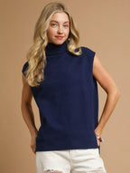 Umgee Women's Sweater Top Turtleneck Sleeveless High-Low Navy Ribbed Navy Umgee_Women_s_Sweater_Top_Turtleneck_Sleeveless_High-Low_Navy_Ribbed Trendsi