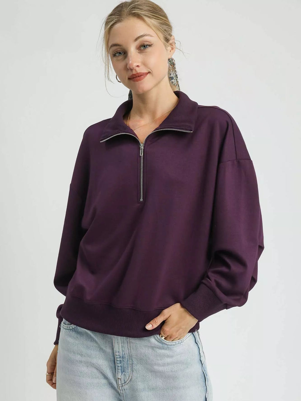 Umgee Women's Sweatshirt Plum Half Zip Collared Drop Shoulder Long Sleeve PLUM-UMG Umgee_Women_s_Sweatshirt_Plum_Half_Zip_Collared_Drop_Shoulder_Long_Sleeve Trendsi