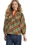 Umgee Women's Top Teal Mix Green Abstract Print Ruffle Neck Blouse TEAL GREEN MIX Umgee_Women_s_Top_Teal_Mix_Green_Abstract_Print_Ruffle_Neck_Blouse Trendsi