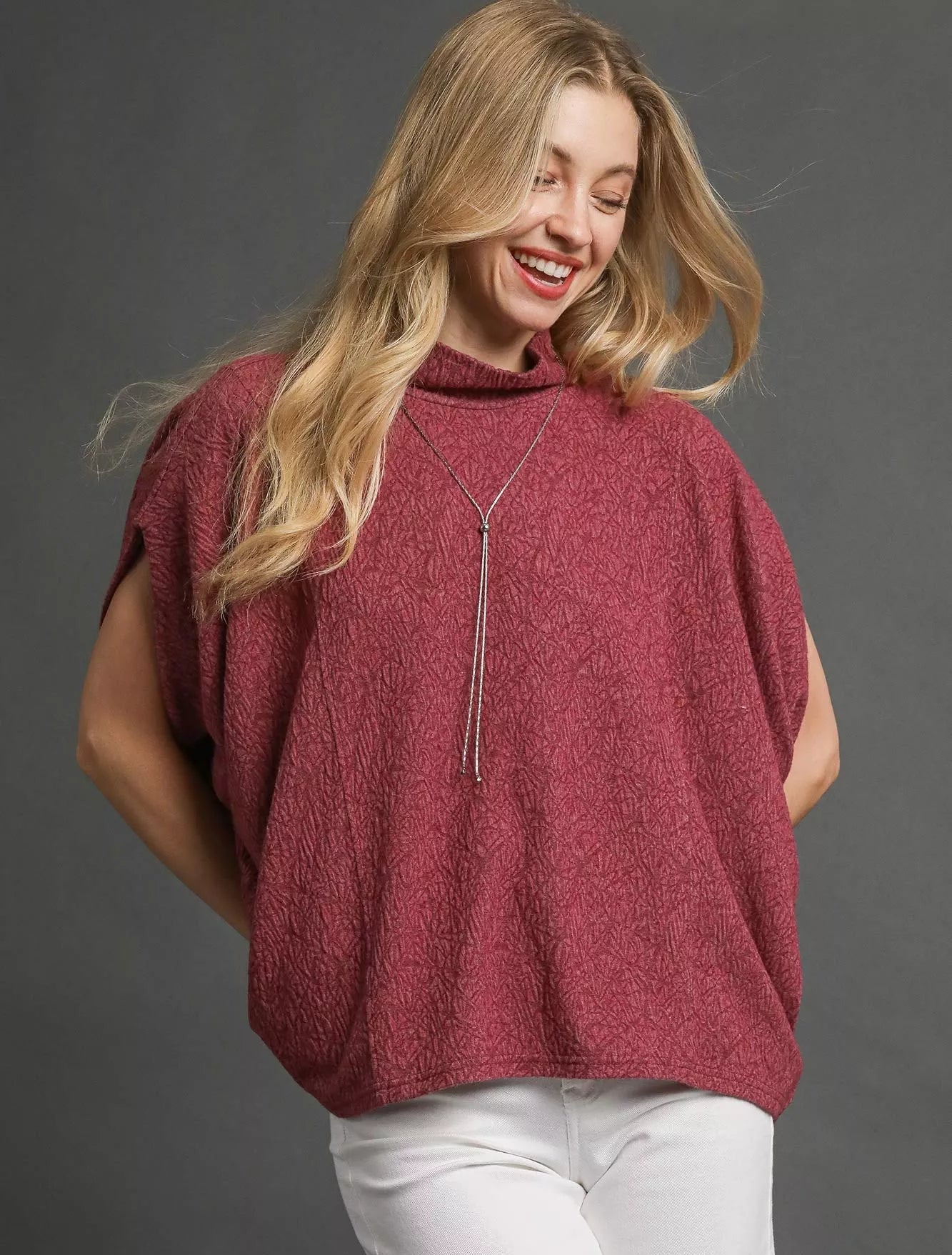 Umgee Womens Blouse Berry Textured Mock Neck Relaxed Top BERRY