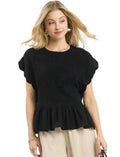 Umgee Womens Blouse Blac Linen Blend Smocked Peplum Short Sleev Top Black Umgee_Womens_Blouse_Blac_Linen_Blend_Smocked_Peplum_Short_Sleev_Top Trendsi