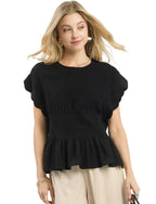 Umgee Womens Blouse Blac Linen Blend Smocked Peplum Short Sleev Top Black Umgee_Womens_Blouse_Blac_Linen_Blend_Smocked_Peplum_Short_Sleev_Top Trendsi