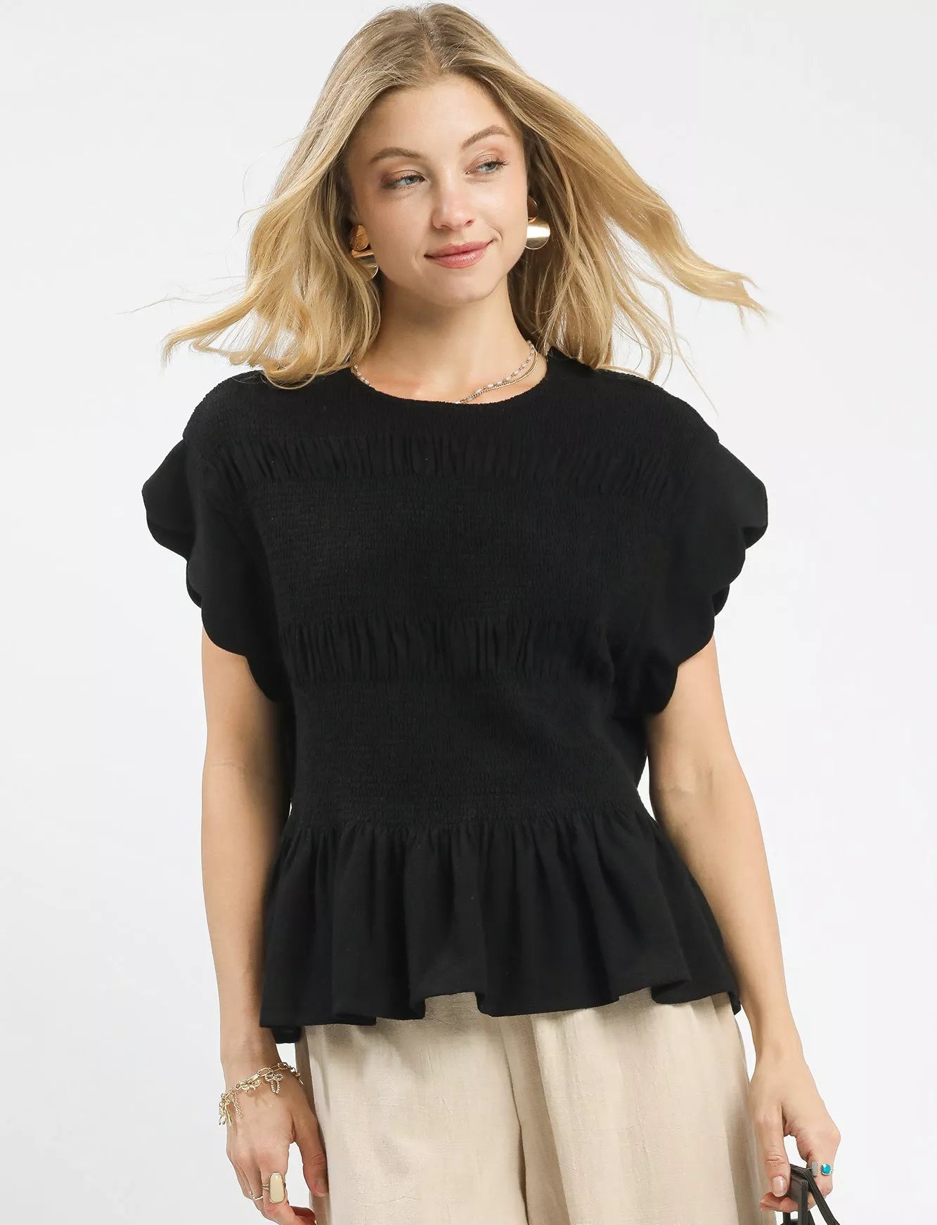 Umgee Womens Blouse Blac Linen Blend Smocked Peplum Short Sleev Top Black Umgee_Womens_Blouse_Blac_Linen_Blend_Smocked_Peplum_Short_Sleev_Top Trendsi