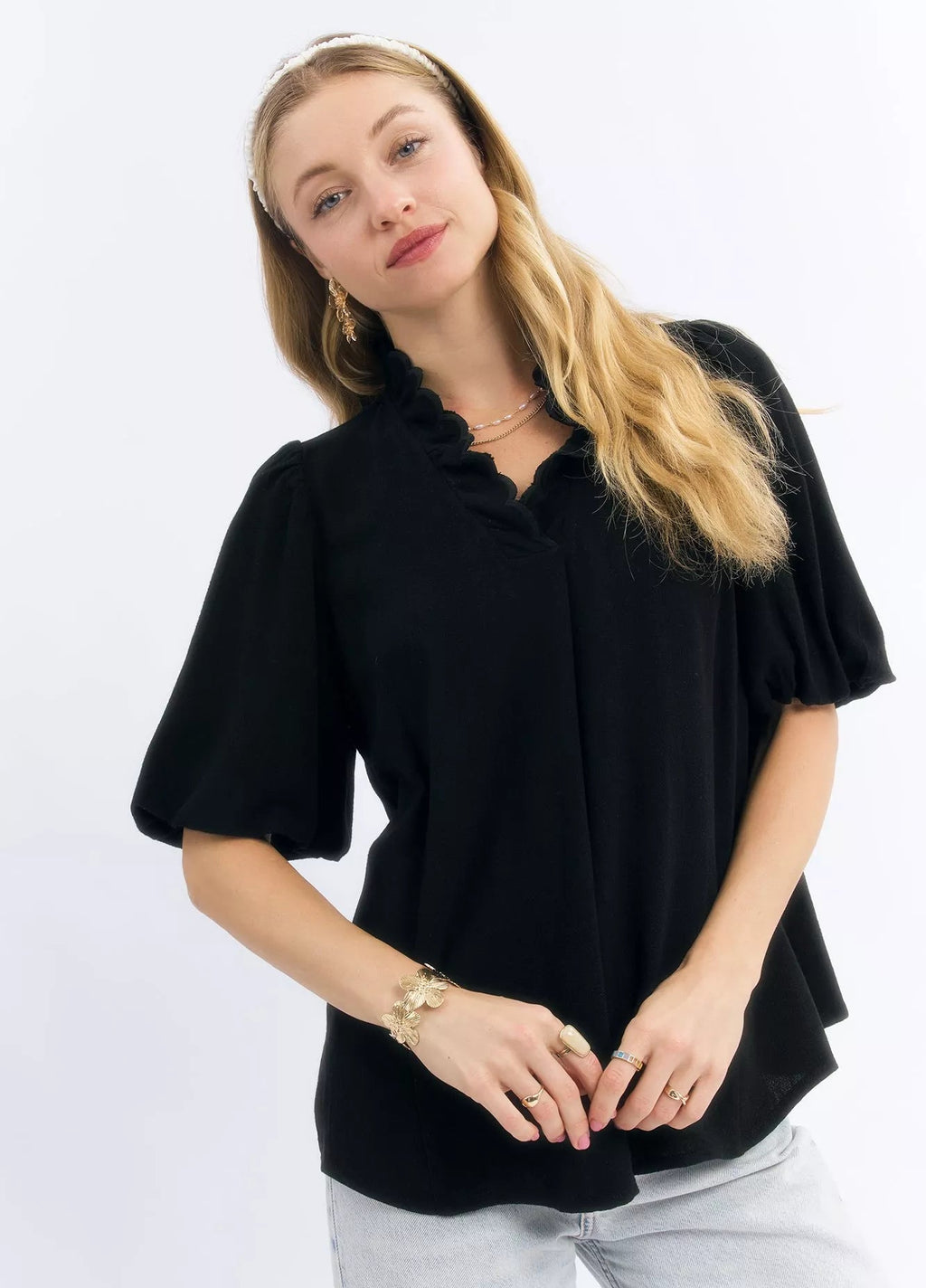 Umgee Womens Blouse Black Linen Scallop Trim V-Neck Short Sleeve Top Black Umgee_Womens_Blouse_Black_Linen_Scallop_Trim_V-Neck_Short_Sleeve_Top Trendsi