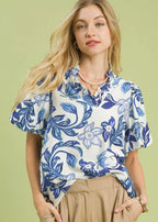 Umgee Womens Blouse Blue Lush Blossom Print Puff Sleeve Top with Ruffle Trim BLUE Umgee_Womens_Blouse_Blue_Lush_Blossom_Print_Puff_Sleeve_Top_with_Ruffle_Trim Trendsi