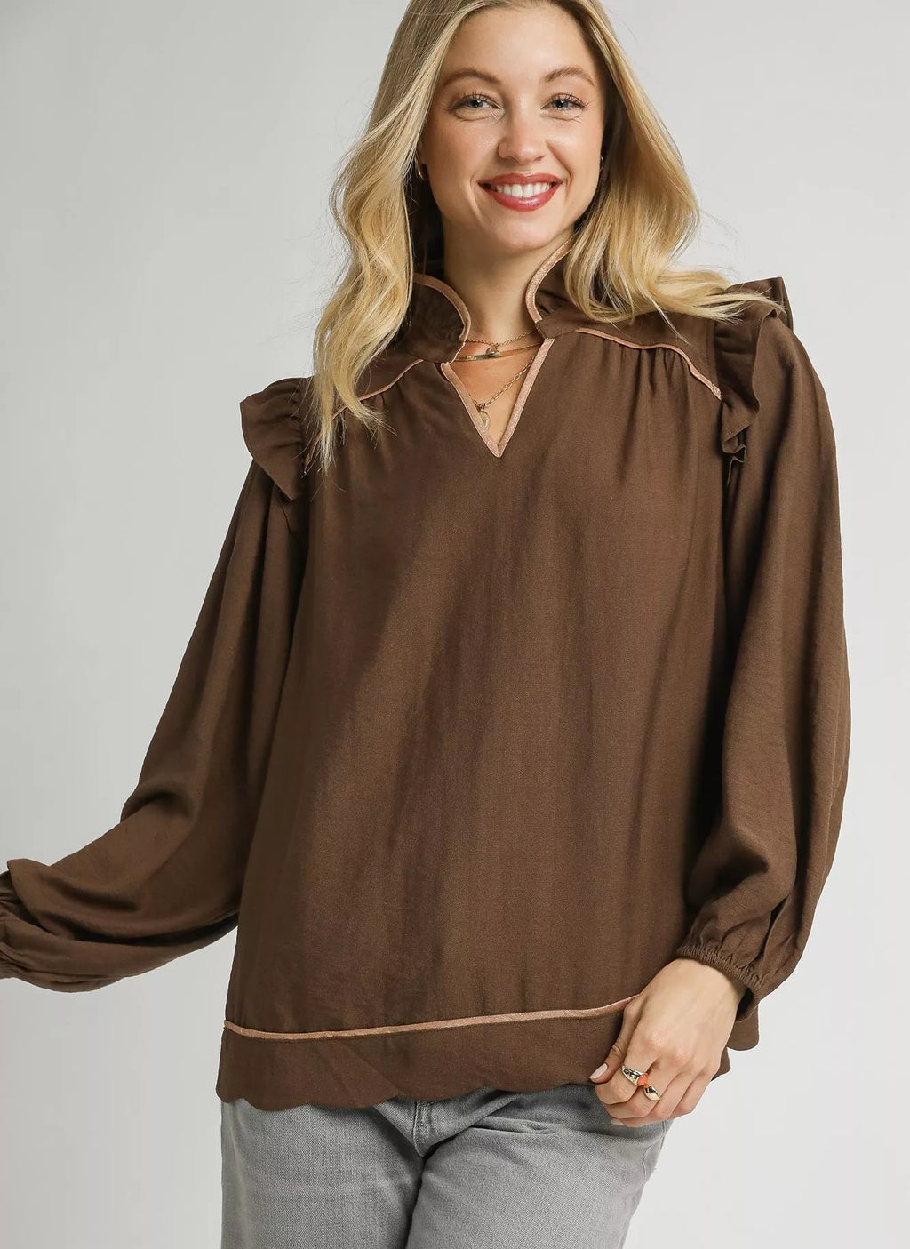 Umgee Womens Blouse Brown Ruffle Shoulder Long Sleeve Top Brown Umgee_Womens_Blouse_Brown_Ruffle_Shoulder_Long_Sleeve_Top Trendsi