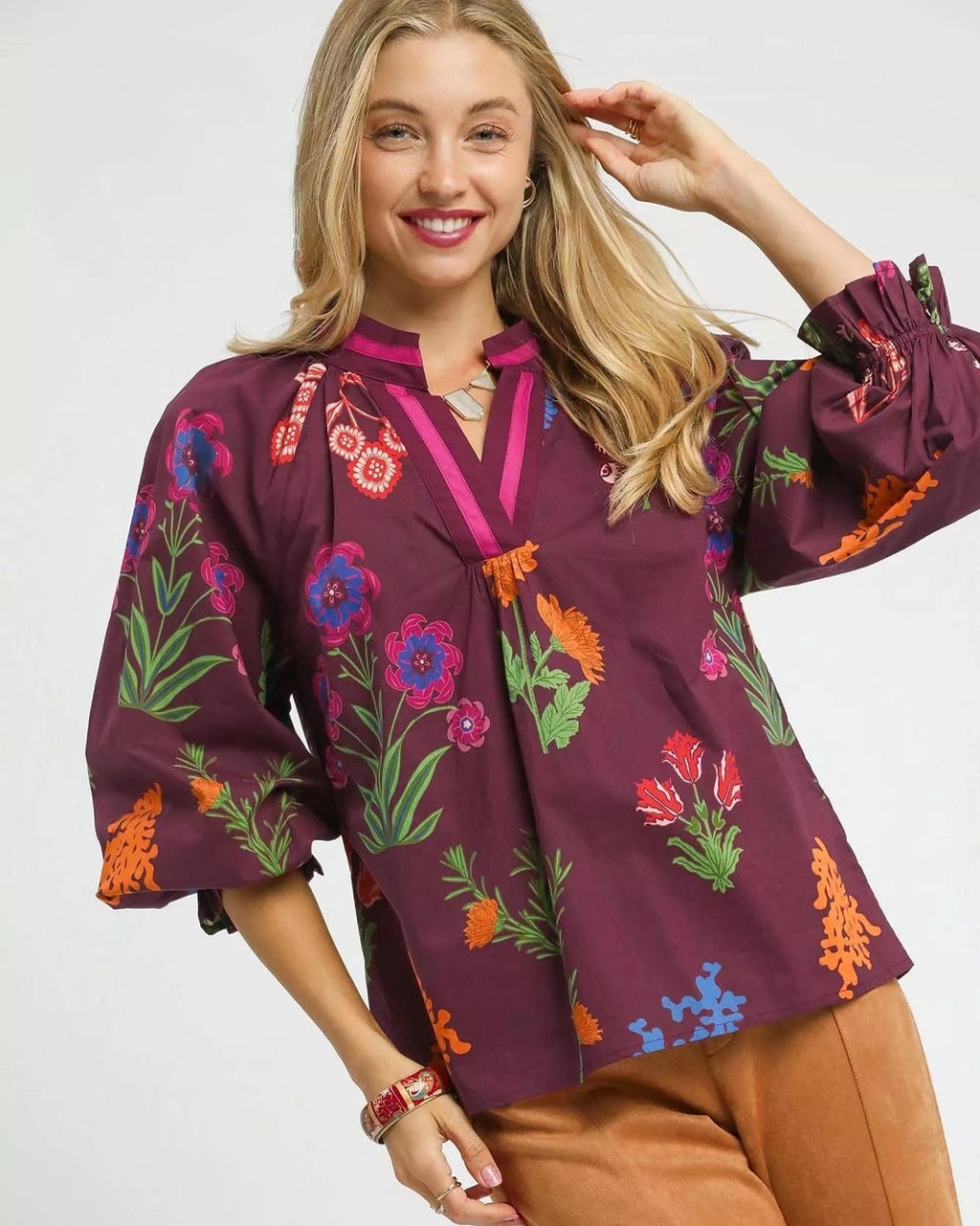 Umgee Womens Blouse Burgundy Mix Floral Print Flounce Long Sleeve Top BURGUNDY MIX Umgee_Womens_Blouse_Burgundy_Mix_Floral_Print_Flounce_Long_Sleeve_Top Trendsi