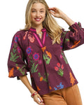 Umgee Womens Blouse Burgundy Mix Floral Print Flounce Long Sleeve Top BURGUNDY MIX Umgee_Womens_Blouse_Burgundy_Mix_Floral_Print_Flounce_Long_Sleeve_Top Trendsi