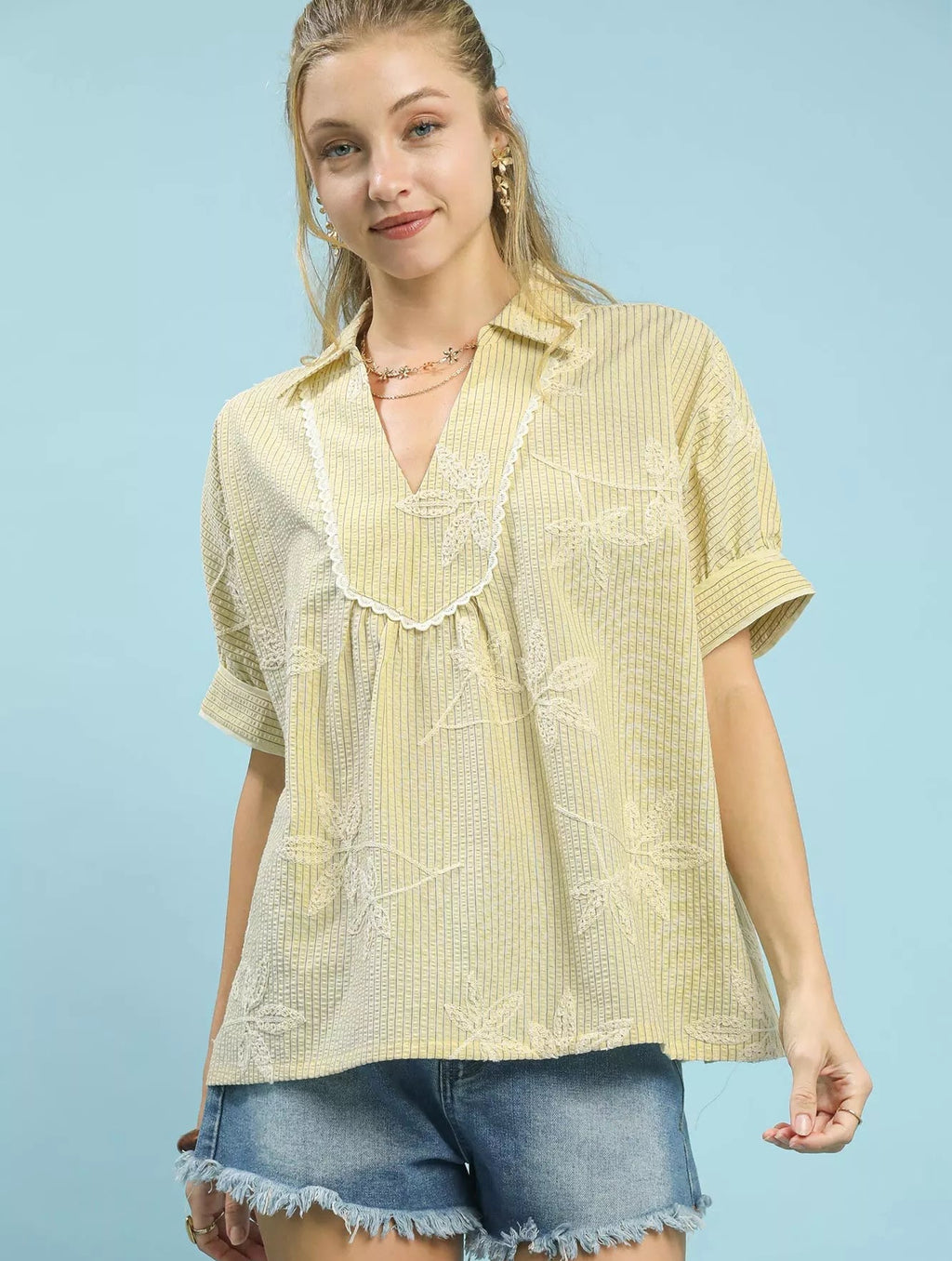 Umgee Womens Blouse Butter Yellow Striped Embroidered Top with Scallop Trim BUTTER Umgee_Womens_Blouse_Butter_Yellow_Striped_Embroidered_Top_with_Scallop_Trim Trendsi