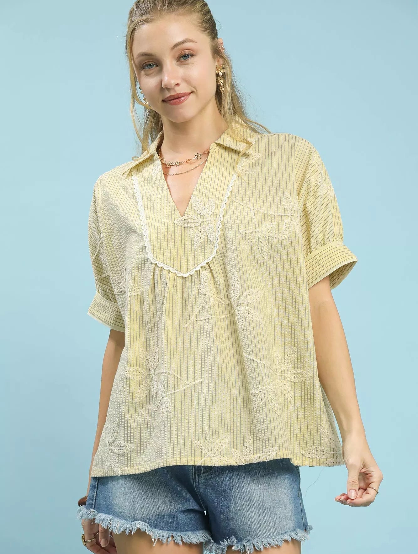 Umgee Womens Blouse Butter Yellow Striped Embroidered Top with Scallop Trim BUTTER Umgee_Womens_Blouse_Butter_Yellow_Striped_Embroidered_Top_with_Scallop_Trim Trendsi