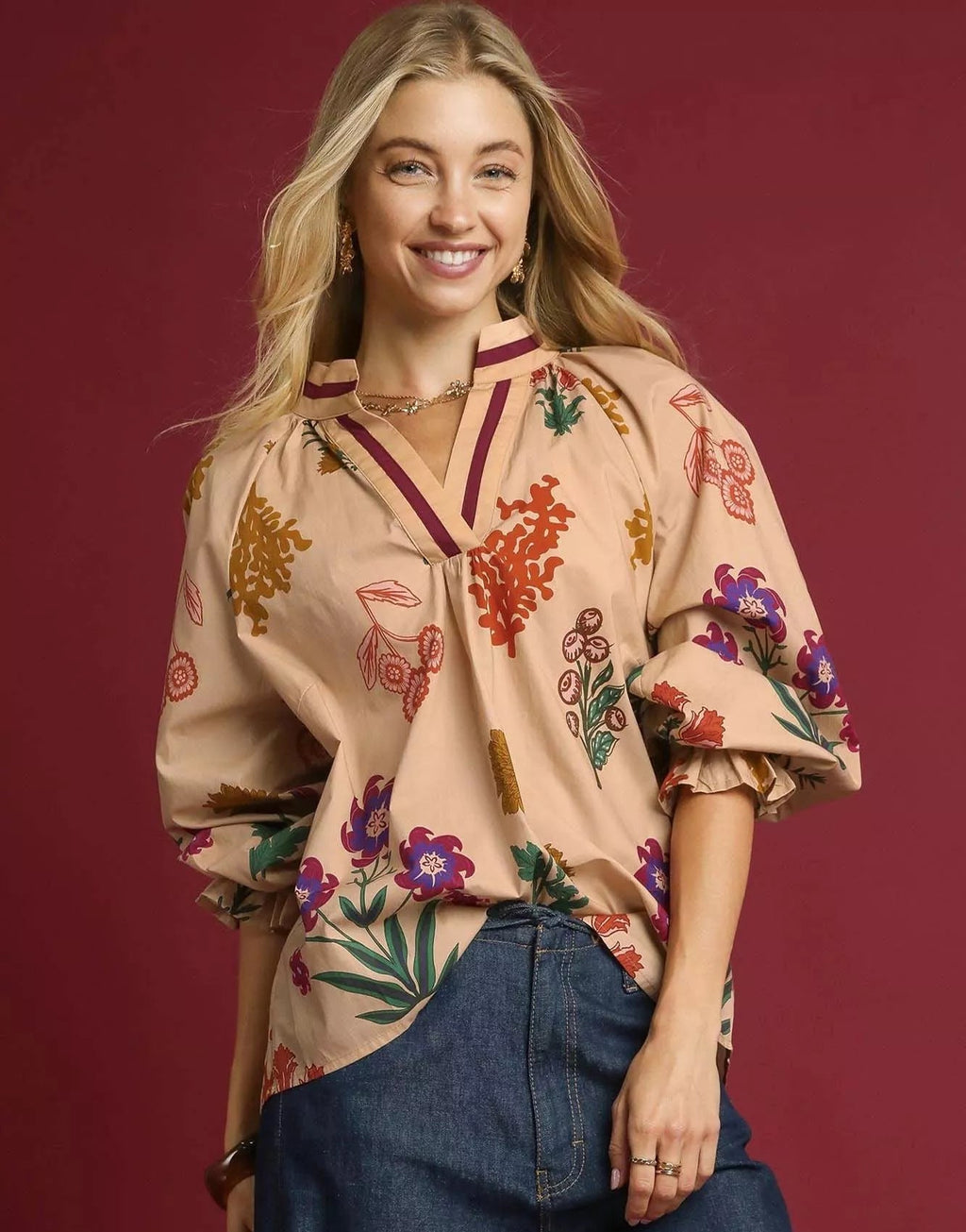 Umgee Womens Blouse Cotton Floral Tan Mix Print Flounce Long Sleeve Top TAN MIX Umgee_Womens_Blouse_Cotton_Floral_Tan_Mix_Print_Flounce_Long_Sleeve_Top Trendsi