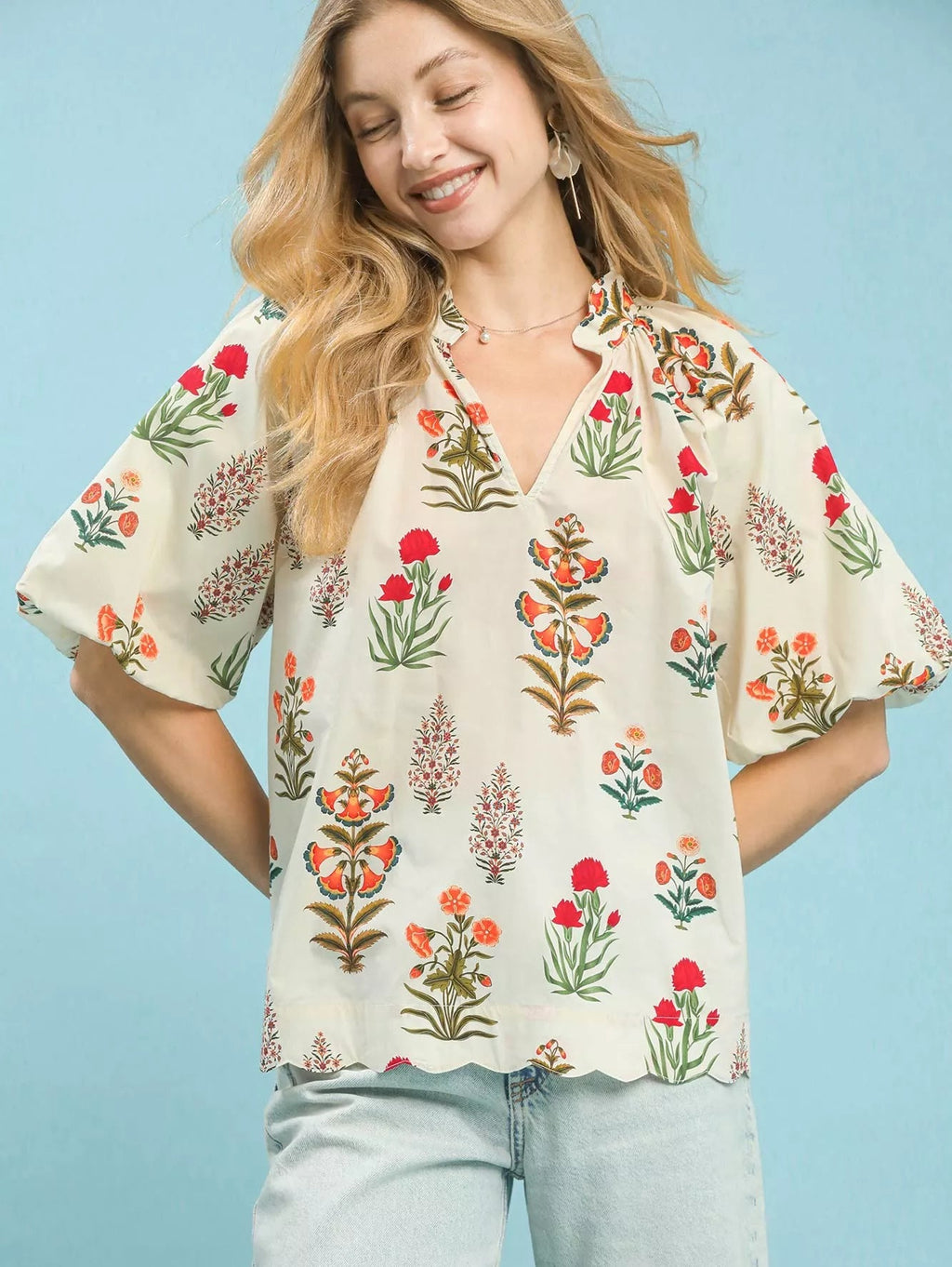 Umgee Womens Blouse Cream Floral Print Puff Short Sleeve Scallop Hem Top CREAM Umgee_Womens_Blouse_Cream_Floral_Print_Puff_Short_Sleeve_Scallop_Hem_Top Trendsi